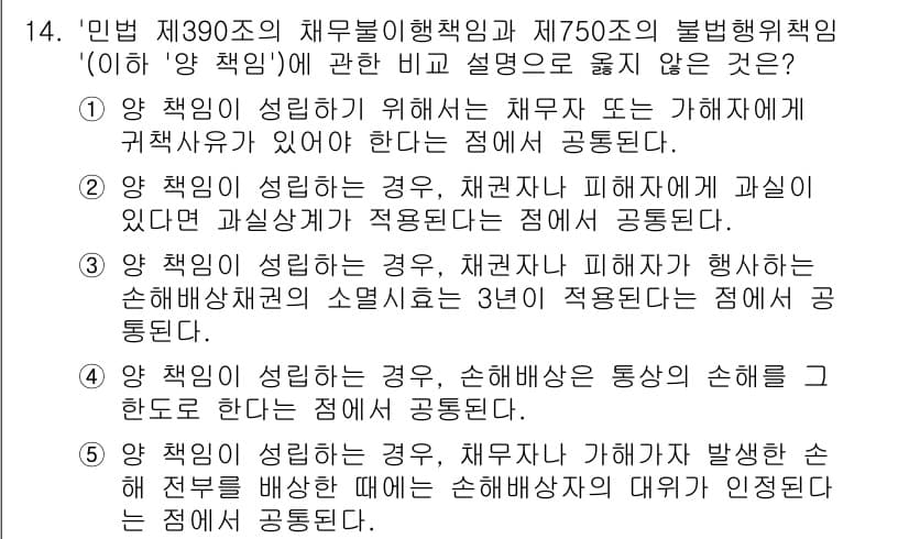 공인노무사_1차(민법) 2023년 14번 - 양 책임이 성립하는 경우, 여러 해석이 있으나 그 중에서도 특정한 조건이... 에 관한 핵심 기출문제