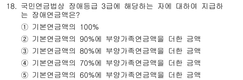 공인노무사_1차(사회보험법) 2015년 18번 - 장애등급 3급에 해당하는 경우, 기본연금액의 60%에 부양가족연금액을 더... 에 관한 핵심 기출문제