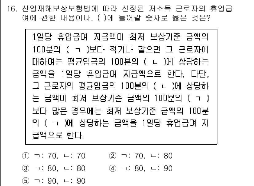 공인노무사_1차(사회보험법)(구) 2022년 16번 - 산업재해보상보험법에 따르면, 휴급은 근로자가 1일 동안 받는 평균 보수의... 에 관한 핵심 기출문제
