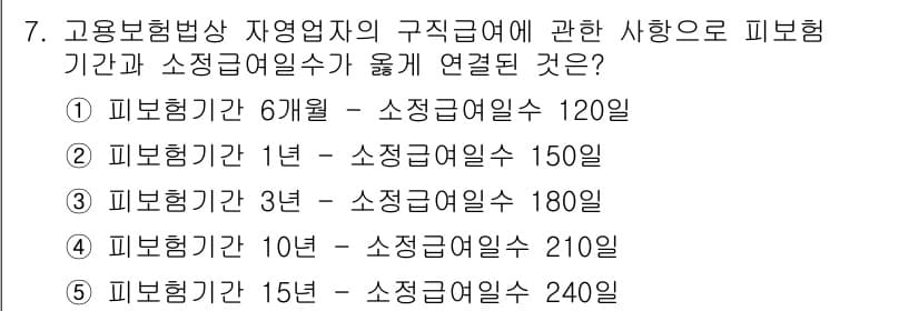 공인노무사_1차(사회보험법) 2022년 7번 - 고용보험법에 따르면 피보험자의 보험 기간에 따라 소정급여일수가 달라집니다... 에 관한 핵심 기출문제