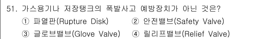 연구실안전관리사 2023년 51번 - . 글로브밸브(Glove Valve)는 유체의 흐름을 제어하기 위한 밸브... 에 관한 핵심 기출문제