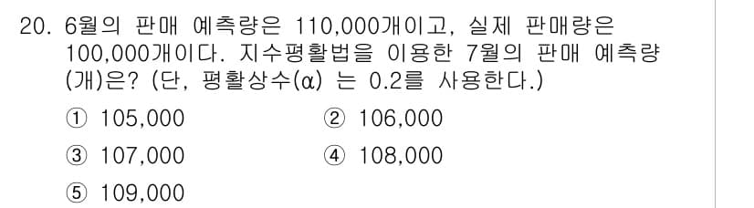 물류관리사_2교시 2024년 20번 - 7월의 판매 예측량은 지수평활법에 따라 이전 예측치와 실제 판매량을 활용... 에 관한 핵심 기출문제
