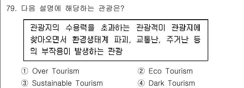 관광통역안내사_2교시(구) 2024년 79번 - . 

관광지의 수용력을 초과하면 관광객이 환경에 미치는 부정적 영향을 ... 에 관한 핵심 기출문제