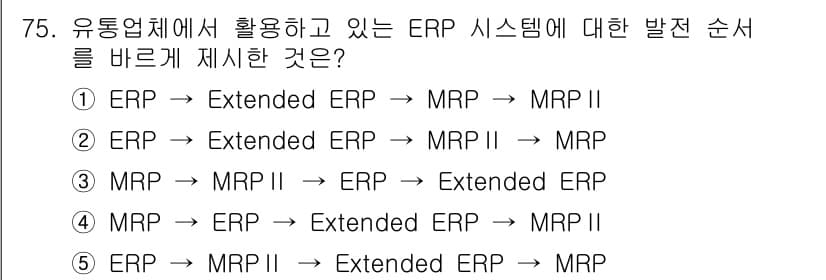 유통관리사_2급 2024년 75번 - . 

ERP의 발전 과정은 초기의 기본 ERP 시스템이 MRP(자재 요... 에 관한 핵심 기출문제