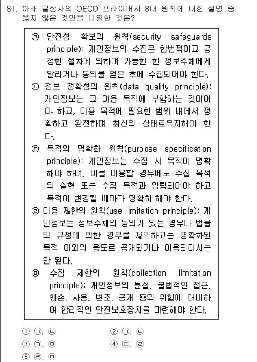 유통관리사_2급 2024년 81번 - 정답 3번은 "제한 원칙"으로, 개인 정보의 수집 및 처리는 필요한 범위... 에 관한 핵심 기출문제
