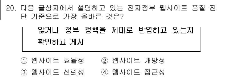 전자상거래운용사 2023년 20번 - 전자상거래 웹사이트의 품질 기준은 정부 정책을 반영해야 하며, 사용자 신... 에 관한 핵심 기출문제