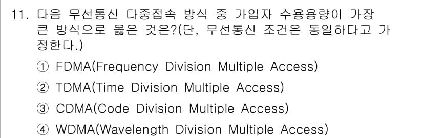 정보통신산업기사 2023년 11번 - . CDMA (Code Division Multiple Access).
... 에 관한 핵심 기출문제