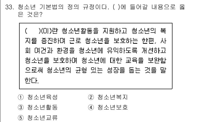 청소년상담사_1급(1교시)(구) 2024년 33번 - 청소년 기본법의 정의 규정에 따르면, 청소년활동이 지원되고 청소년의 복지... 에 관한 핵심 기출문제