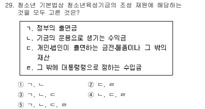 청소년상담사_1급(1교시) 2024년 29번 - 5번이 정답인 이유는 청소년 기본법상 청소년육성기금의 조성 재원은 정부의... 에 관한 핵심 기출문제