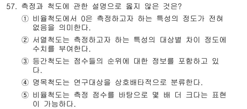 청소년상담사_1급(1교시) 2024년 57번 - 서열척도는 측정하고자 하는 특성이 대상을 차지하는 상대적 순서를 제공하지... 에 관한 핵심 기출문제