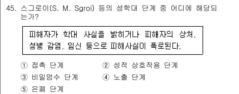 청소년상담사_1급(2교시)(구) 2024년 45번 - . 노출 단계  
해설: 스크로이(S. M. Sgroi)의 성격 발달 단... 에 관한 핵심 기출문제