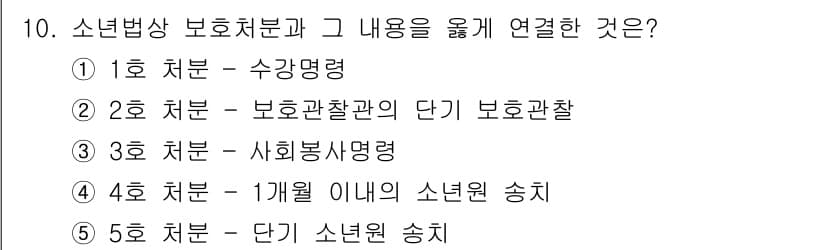 청소년상담사_1급(2교시) 2024년 10번 - 번입니다. 소년범상 보호처분은 청소년의 성격과 사회적 적응 상태를 감안하... 에 관한 핵심 기출문제
