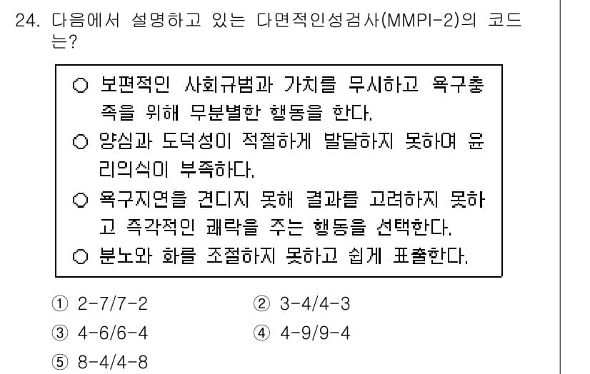 청소년상담사_1급(2교시) 2024년 24번 - 다면적 인성검사(MMPI-2)의 코드에서 보편적인 사회규범과 가치는 무시... 에 관한 핵심 기출문제