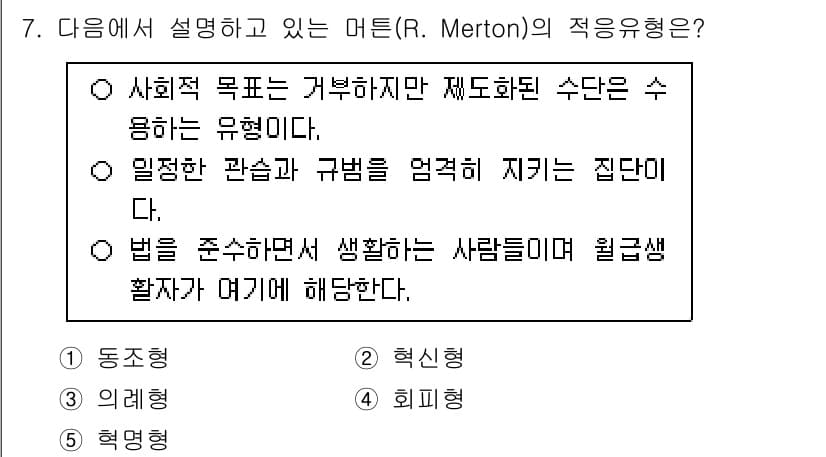 청소년상담사_1급(2교시) 2024년 7번 - R. Merton의 적응형은 "사회적 목표는 거부하지만 제도화된 수단은 ... 에 관한 핵심 기출문제