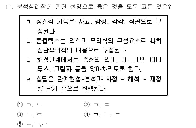 청소년상담사_2급(1교시)(구) 2024년 11번 - 분석심리학에서는 의식과 무의식의 상호작용을 통해 개인의 심리를 이해하고,... 에 관한 핵심 기출문제