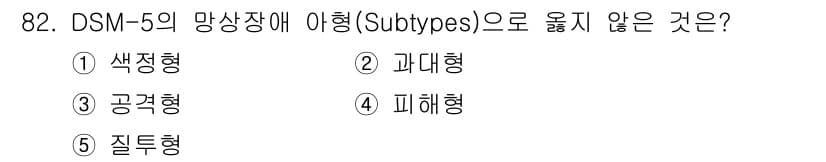 청소년상담사_2급(1교시)(구) 2024년 82번 - . 공황형  
해설: DSM-5의 망상장애 분류에는 특정 유형으로 색정형... 에 관한 핵심 기출문제