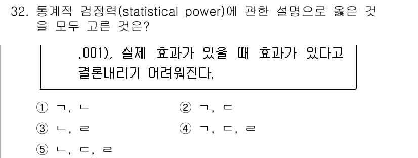 청소년상담사_2급(1교시) 2024년 32번 - 통계적 검정력은 실제로 효과가 있을 때 올바르게 효과를 검출할 확률을 의... 에 관한 핵심 기출문제