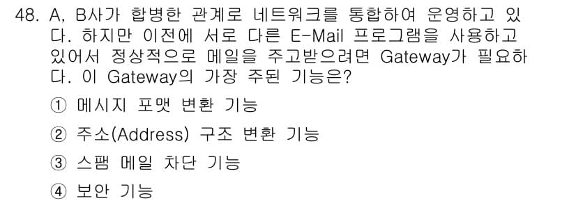 네트워크관리사_1급 2024년 48번 - . 

Gateway는 이메일 전송을 위해 메일의 형식을 변환하는 기능을... 에 관한 핵심 기출문제