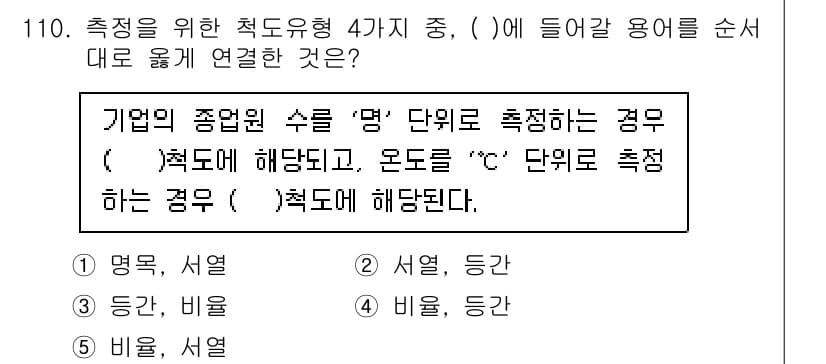 경영지도사_1차_1교시 2025년 110번 - 문항에서 기업의 종업원 수를 '명' 단위로 측정할 때와 'C' 단위로 측... 에 관한 핵심 기출문제