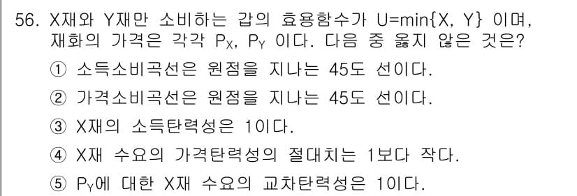 감정평가사_1차_1교시 2025년 56번 - 정답 5번은 "X채의 수요의 가격탄력성이 절대치는 1보다 작다"는 내용으... 에 관한 핵심 기출문제