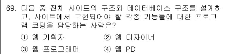 전자상거래관리사_1급 2018년 70번 - . 웹 PD

웹 PD(프로듀서)는 웹사이트의 구조와 데이터베이스 설계를... 에 관한 핵심 기출문제
