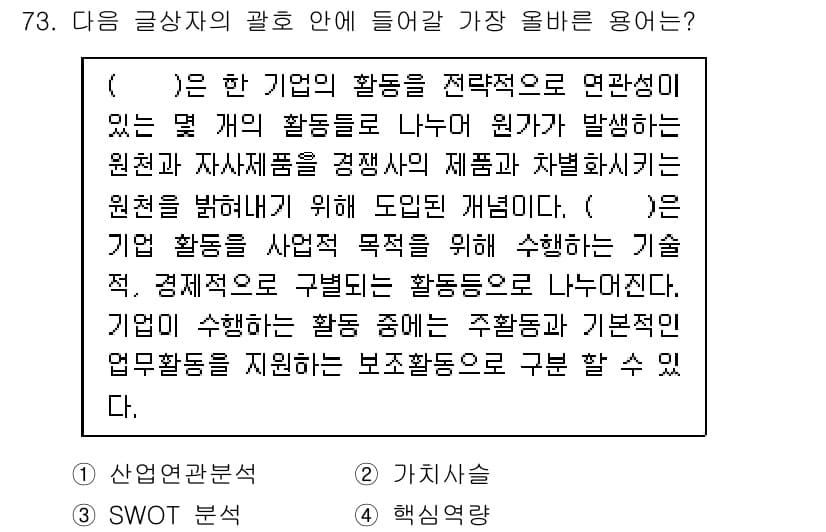 전자상거래관리사_1급 2020년 75번 - 기업이 활동을 수행하는 기술적, 경제적 요소를 고려하여 전략적으로 연계하... 에 관한 핵심 기출문제