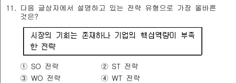 전자상거래관리사_1급 2021년 10번 - . WO 전략

WO 전략은 Weaknesses(약점)와 Opportun... 에 관한 핵심 기출문제