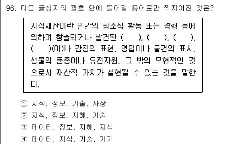 전자상거래관리사_1급 2021년 95번 - 지식 자산은 정보, 기술, 사상 등을 포함하는 개념으로, 인적 자원과 연... 에 관한 핵심 기출문제