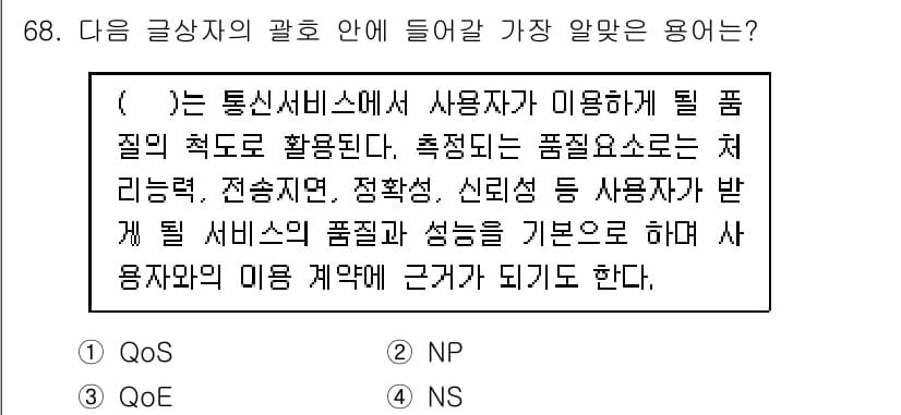 전자상거래관리사_1급 2022년 68번 - . 

이유: QoS(서비스 품질)는 통신 서비스에서 성능을 기준으로 하... 에 관한 핵심 기출문제