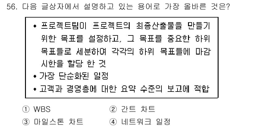 전자상거래관리사_1급 2023년 56번 - 번.  

프로젝트팀이 프로젝트의 최종 산출물을 만들기 위해 목표를 설정... 에 관한 핵심 기출문제