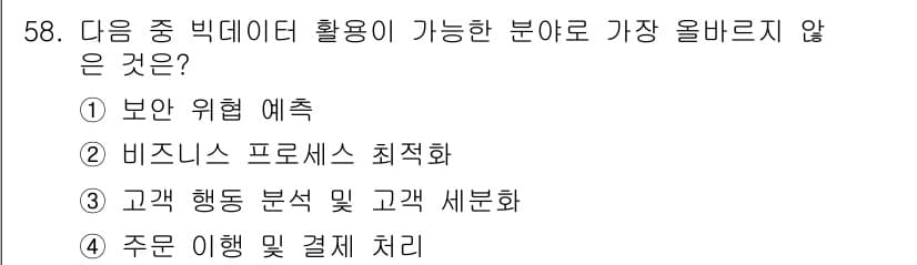 전자상거래관리사_2급 2020년 58번 - 정답 4번은 "주문 이행 및 결제 처리"로, 이는 빅데이터 활용의 직접적... 에 관한 핵심 기출문제