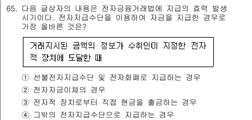 전자상거래관리사_2급 2023년 65번 - 전자상거래법에 따르면 전자지급결제수단의 정보가 수취인이 지정한 전자적 장... 에 관한 핵심 기출문제