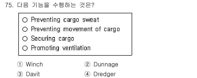 검량사 2024년 75번 - . 

Dunnage는 화물이 서로 붙어 있거나 움직이지 않도록 안전하게... 에 관한 핵심 기출문제