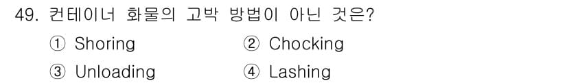 검량사 2025년 49번 - 정답은 3번 Unloading입니다. Shoring, Chocking, ... 에 관한 핵심 기출문제