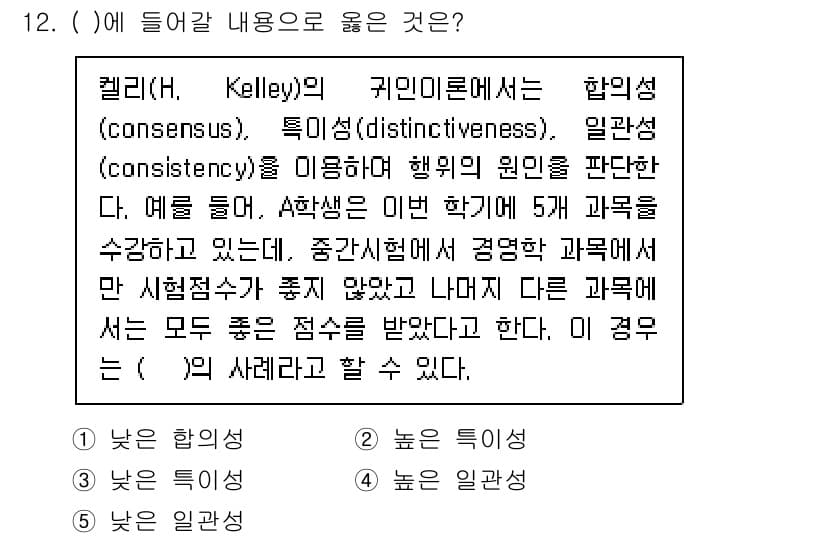 공인노무사_1차(경영학개론)(구) 2025년 12번 - 정답은 2번 '높은 특이성'입니다. 높은 특이성은 특정 행동이 특정 상황... 에 관한 핵심 기출문제
