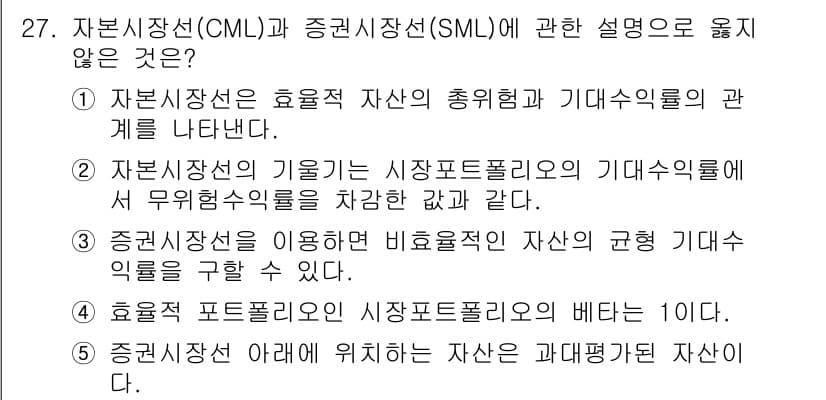 공인노무사_1차(경영학개론)(구) 2025년 27번 - 2번 선택지의 설명은 자본시장선의 개념과 연관성이 낮습니다. 자본시장선(... 에 관한 핵심 기출문제