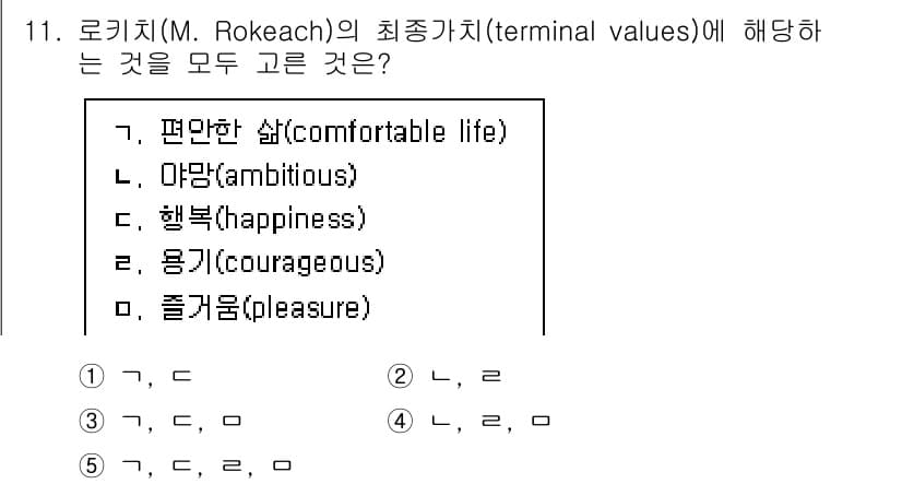 공인노무사_1차(경영학개론) 2025년 11번 - 로키치의 최종 가치는 개인의 삶의 목표와 관련된 가치들로 구성되며, 이는... 에 관한 핵심 기출문제