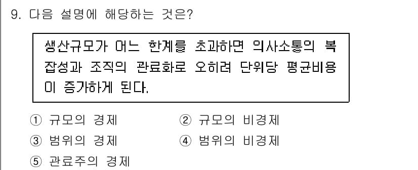 공인노무사_1차(경영학개론) 2025년 9번 - 생산규모가 어느 한계를 초과하면 의사소통의 복잡성과 조직의 관리로 인해 ... 에 관한 핵심 기출문제