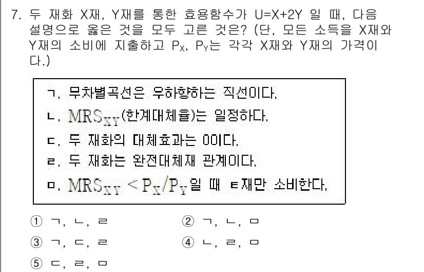 공인노무사_1차(경제학원론)(구) 2025년 7번 - 주어진 효용 함수 U = X + 2Y에서, X의 한 단위 증가에 따른 효... 에 관한 핵심 기출문제