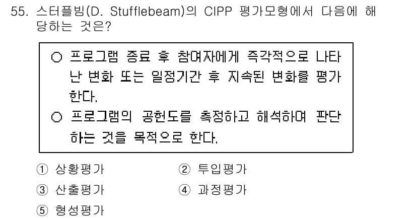 청소년상담사_3급(2교시)(구) 2024년 55번 - 스터플빔의 CIPP 평가 모형은 프로그램의 수행 과정과 결과를 평가하여 ... 에 관한 핵심 기출문제