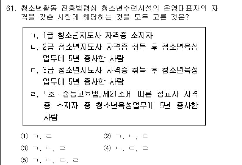 청소년상담사_3급(2교시) 2024년 61번 - 정답 5번은 청소년상담사 자격증을 취득한 후 청소년 시설에서 5년간 근무... 에 관한 핵심 기출문제