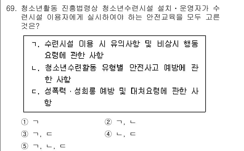 청소년상담사_3급(2교시) 2024년 69번 - 정답 5번은 청소년시설활동의 위험별 안전조치와 예방에 관한 사항으로, 청... 에 관한 핵심 기출문제