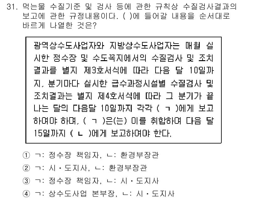 정수시설운영관리사_2급_1차 2019년 31번 - 정답은 2입니다. 이는 매월 실시하는 정수기 관리 및 점검 후 수집된 자... 에 관한 핵심 기출문제