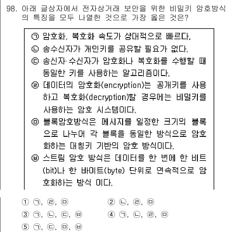 유통관리사_1급 2025년 98번 - . 

암호화와 복호화 속도가 상대적으로 빠르다는 점은 비밀키 암호화의 ... 에 관한 핵심 기출문제
