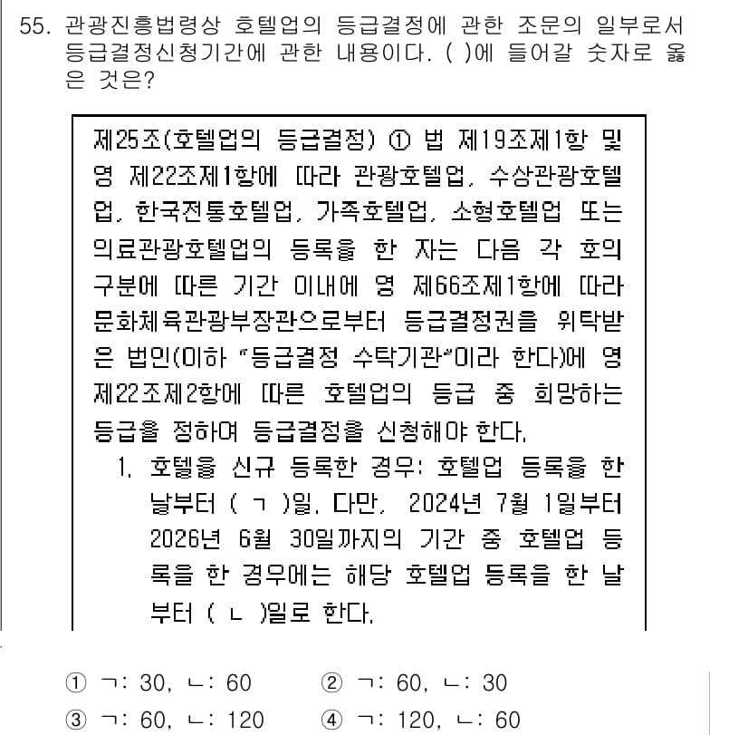관광통역안내사 2025년 55번 - . 정답인 이유는 한국관광통역안내사의 자격 기준에 따라 해당 호텔업의 등... 에 관한 핵심 기출문제