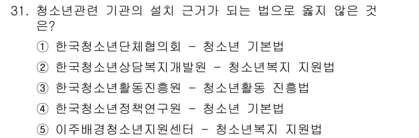 청소년상담사_1급(1교시)(구) 2025년 31번 - 번

해설: '한국청소년정책연구'는 청소년 관련 기관의 설치 근거가 아닌... 에 관한 핵심 기출문제