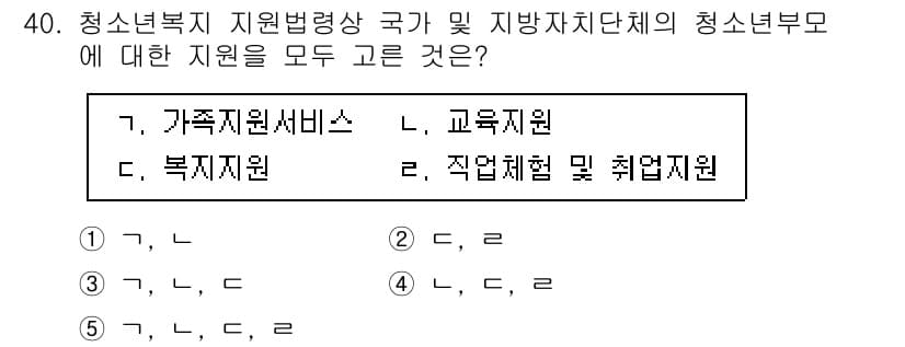 청소년상담사_1급(1교시)(구) 2025년 40번 - 청소년복지 지원법에 따라 청소년을 지원하기 위한 여러 서비스가 제공된다.... 에 관한 핵심 기출문제