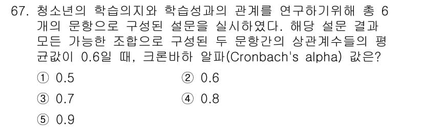 청소년상담사_1급(1교시)(구) 2025년 67번 - 크론바흐 알파(Cronbach's alpha)는 내부 일관성을 측정하는 ... 에 관한 핵심 기출문제