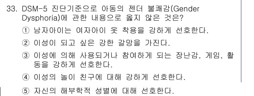 청소년상담사_1급(2교시)(구) 2025년 33번 - 문항에서 제시된 네 가지 내용 중 '남자아이에게 여자아이 옷 착용을 강하... 에 관한 핵심 기출문제