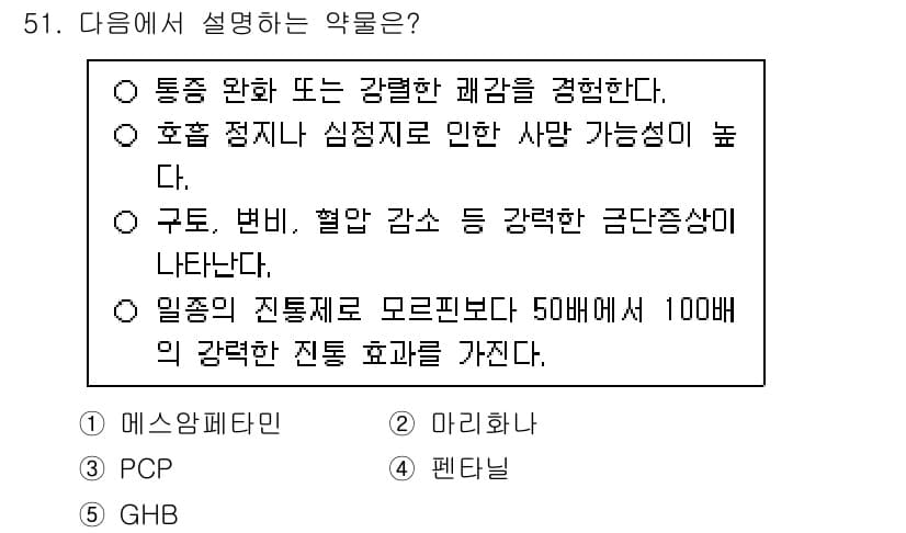 청소년상담사_1급(2교시)(구) 2025년 51번 - . 

일시적인 진통제인 GHB는 50배에서 100배의 강한 진통 효과를... 에 관한 핵심 기출문제
